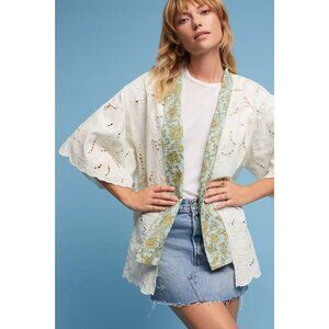 Anthropologie Floreat Boho Lace Kimono Laser Cut Linen Cotton White Green‎ OS